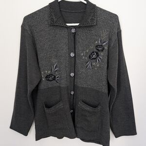 Dark Gray Cardigan with Roses Floral Embroidery Dark Romantic Size Medium